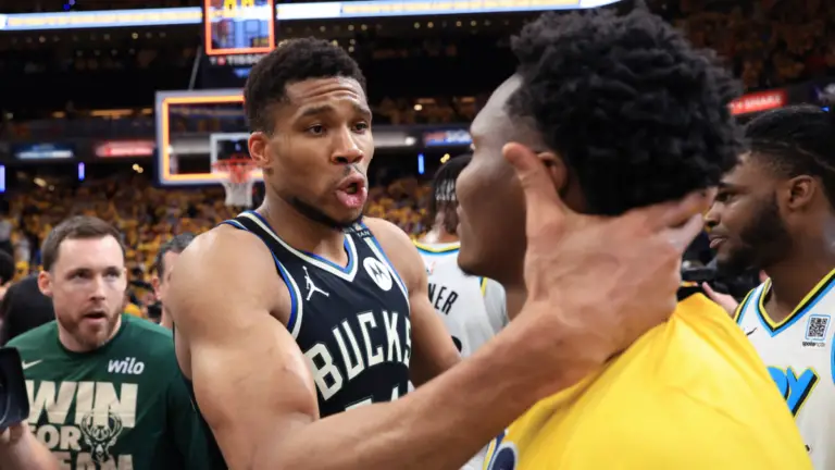 Giannis Antetokounmpo gets into heated confrontation with Tyrese Haliburton's dad after Pacers eliminate Bucks