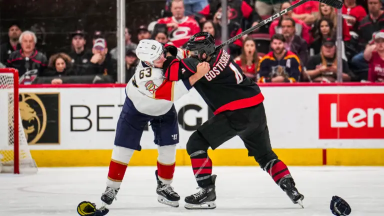Hurricanes' Shayne Gostisbehere appears to intentionally fire shot at Panthers' Brad Marchand in Game 1 loss