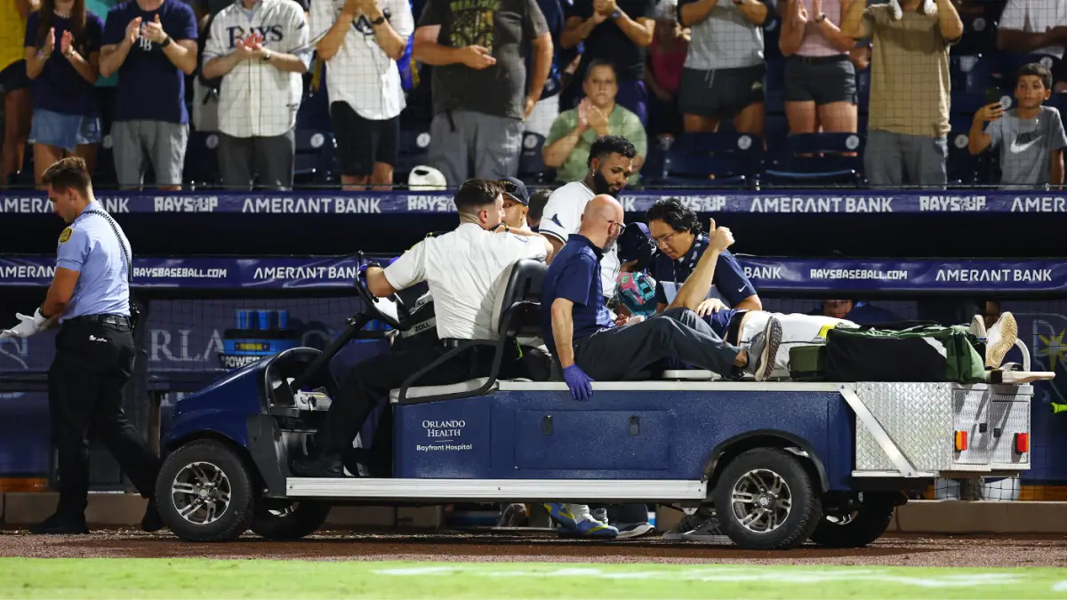 Rays reliever Hunter Bigge taken off field on stretcher after being struck by foul ball in dugout vs. Orioles